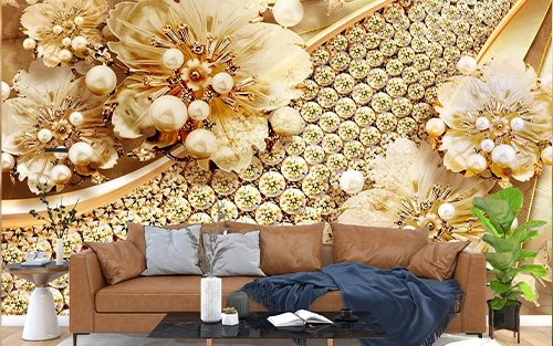 تصویر کاغذ دیواری سه بعدی گل های طلایی و نگینی 